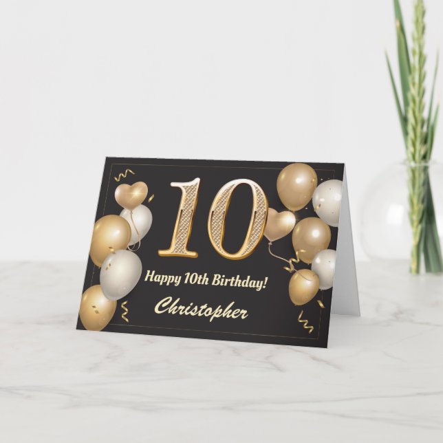 Carte 10e anniversaire Ballons noirs et or Anniversaire (Devant)