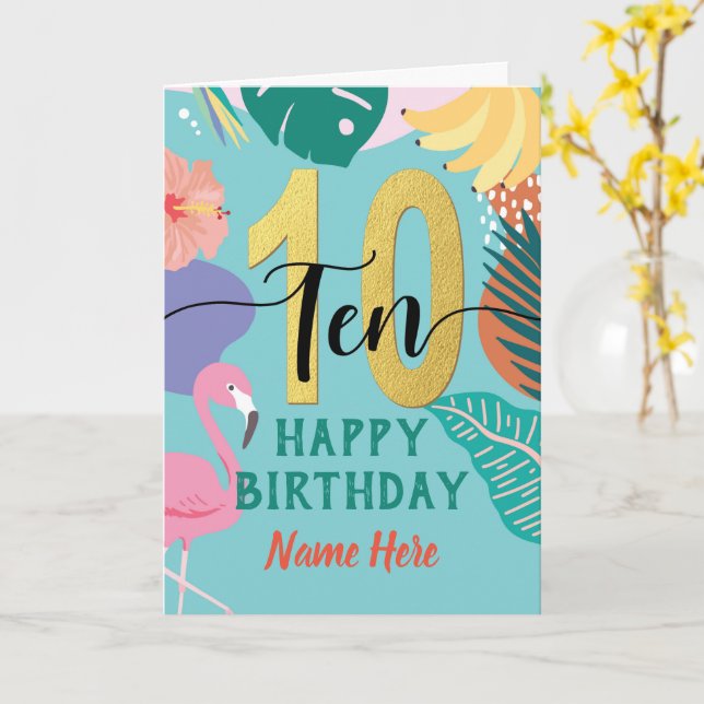 Carte 10e anniversaire Flamant rose floral tropical rose (Fleur jaune)