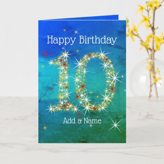Carte 10e anniversaire - Nombres d'étoiles - Vert bleu - (Fleur jaune)
