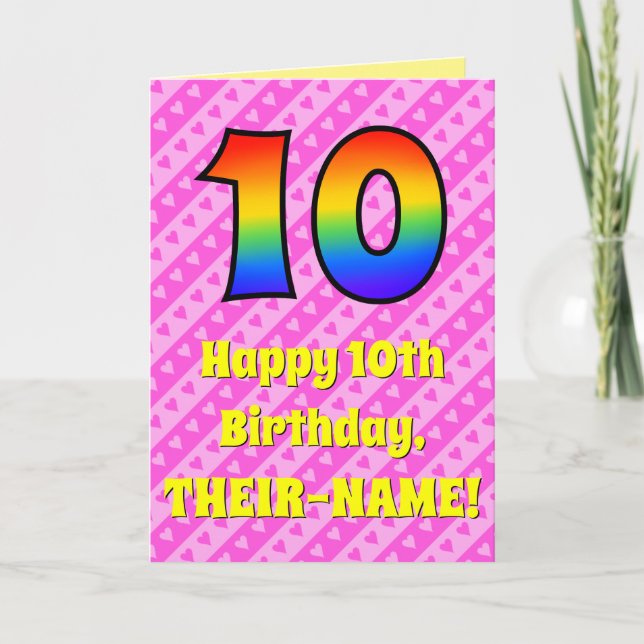 Carte 10e anniversaire : Pink Stripes & Hearts, Rainbow  (Devant)
