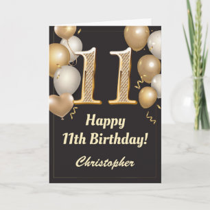 Carte 11e anniversaire Ballons Noir et Or Confetti