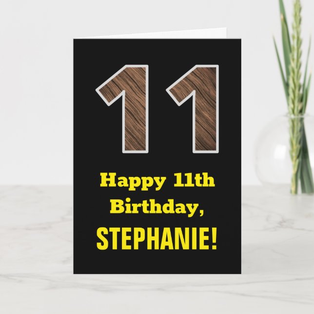 Carte 11e anniversaire : Nom, Motif Faux Wood Grain "11" (Devant)