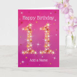 Carte 11e anniversaire - Numéro 11 en étoiles - Rose - A