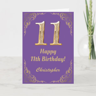 Carte 11e anniversaire Parties scintillant violet et or 