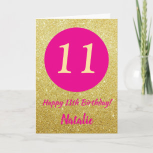 Carte 11e Joyeux anniversaire Hot rose et Parties scinti
