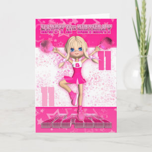 Carte 11th Birthday Cheerleader Dancing, Stars In Pinks
