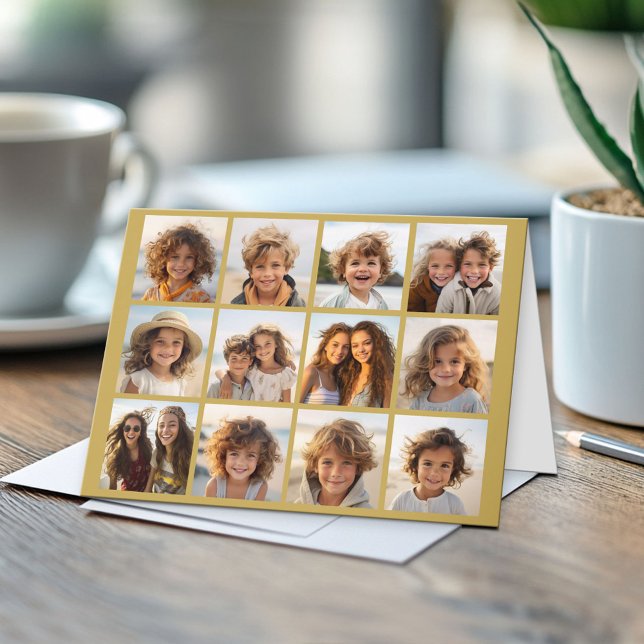 Carte 12 Collage photo avec Arrière - plan or (Custom Photo Note Card)