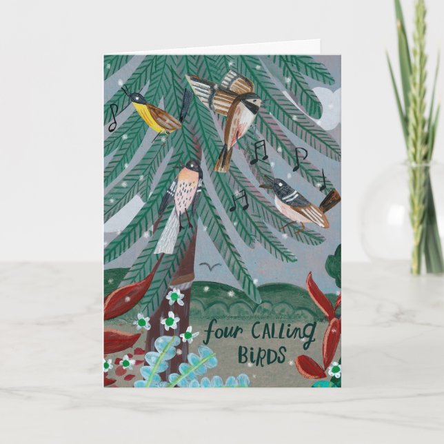 Carte 12 jours mignons de Noël quatre oiseaux appelant (Devant)