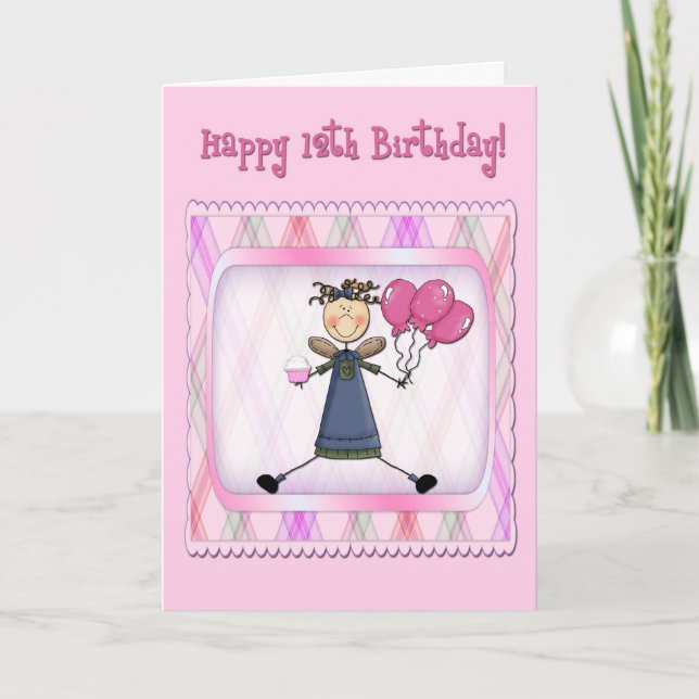 Carte 12e anniversaire Ange rose (Devant)