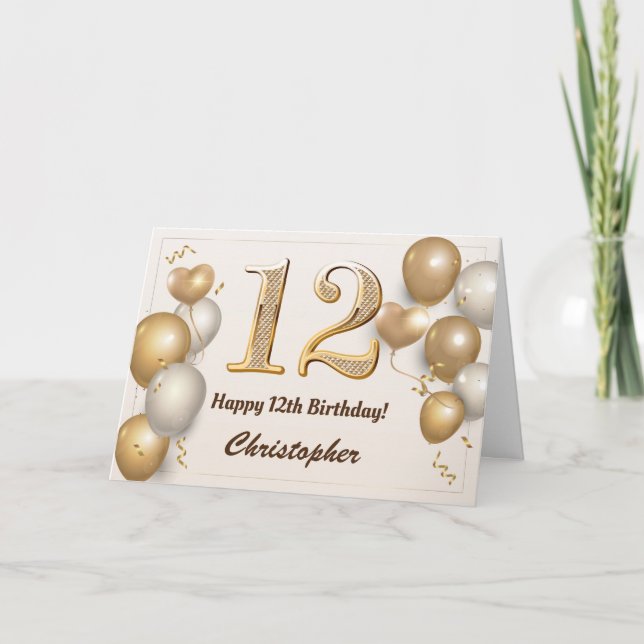 Carte 12e anniversaire Ballons d'or et Confetti Annivers (Devant)