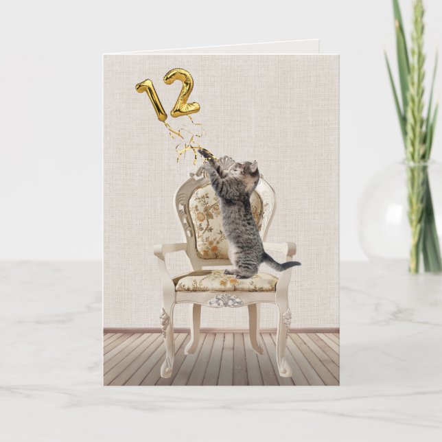 Carte 12e anniversaire Ballons et Tabby Cat (Devant)