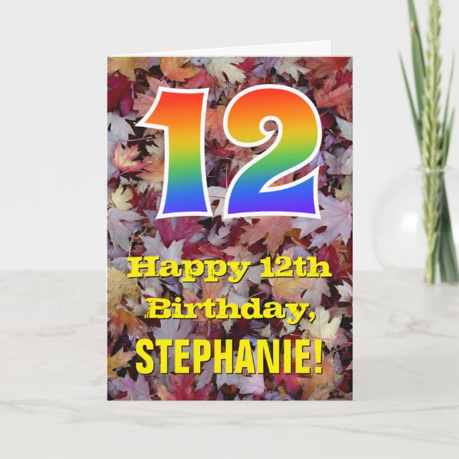 Carte 12e anniversaire; Feuilles d'automne rustiques; Ar (Devant)
