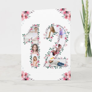 Carte 12e anniversaire Photo Collage Fille Rose Fleur Bl