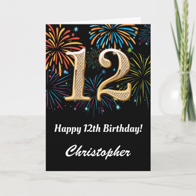 Carte 12e anniversaire Rainbow Fireworks noir et or (Devant)