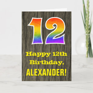 Carte 12e anniversaire : Rustic Faux Wood Look, Arc-en-c