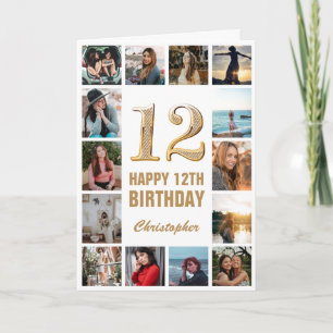 Carte 12e Joyeux Anniversaire Collage photo d'or et blan