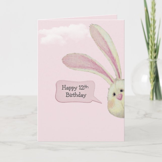 Carte 12ème Anniversaire Lapin Sur Rose (Devant)
