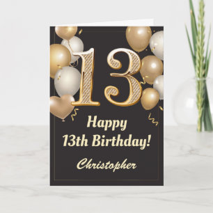 Carte 13e anniversaire Ballons Noir et Or Confetti