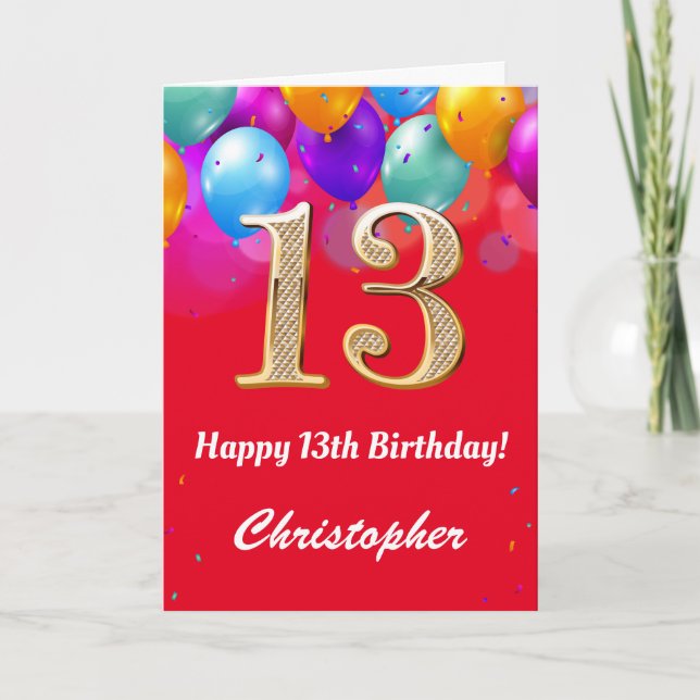 Carte 13e anniversaire Ballons rouges et dorés (Devant)
