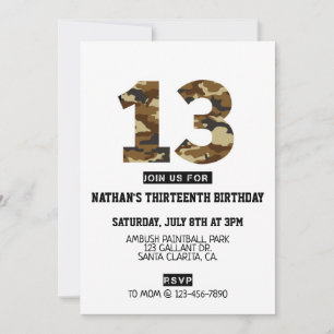 Carte 13e anniversaire, fête du garçon, armée, treize an
