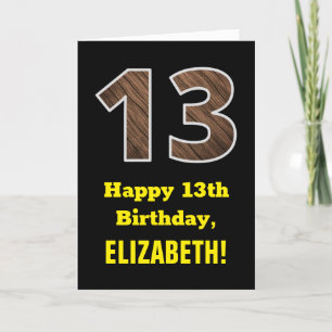 Carte 13e anniversaire : Nom, Motif Faux Wood Grain "13"