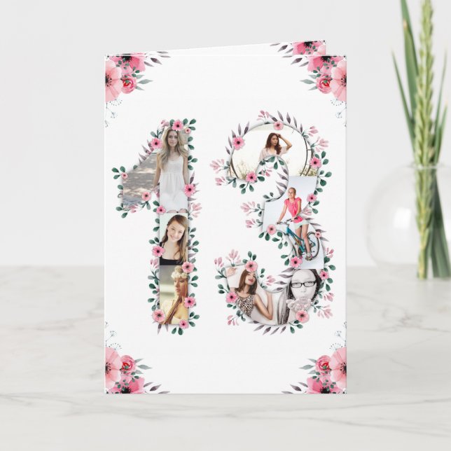 Carte 13e anniversaire Photo Collage Fille Rose Fleur Bl (Devant)