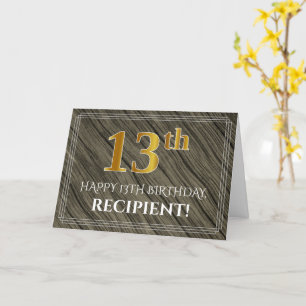 Carte 13ème anniversaire élégant : Faux Wood, Faux Gold 