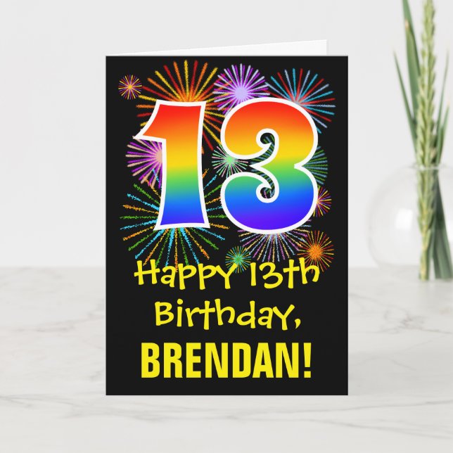 Carte 13ème anniversaire : Fun Fireworks Motif + Rainbow (Devant)