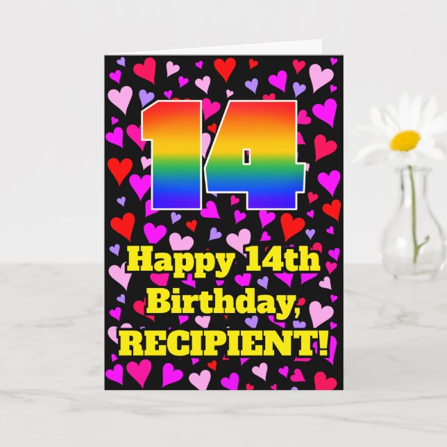 Carte 14e anniversaire : Amour Hearts Motif, Arc-en-ciel (Petite plante)