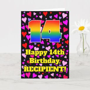 Carte 14e anniversaire : Amour Hearts Motif, Arc-en-ciel