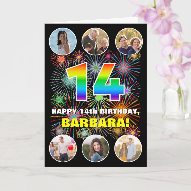 Carte 14e anniversaire : Arc en ciel amusant #, Nom pers (Orchidée)