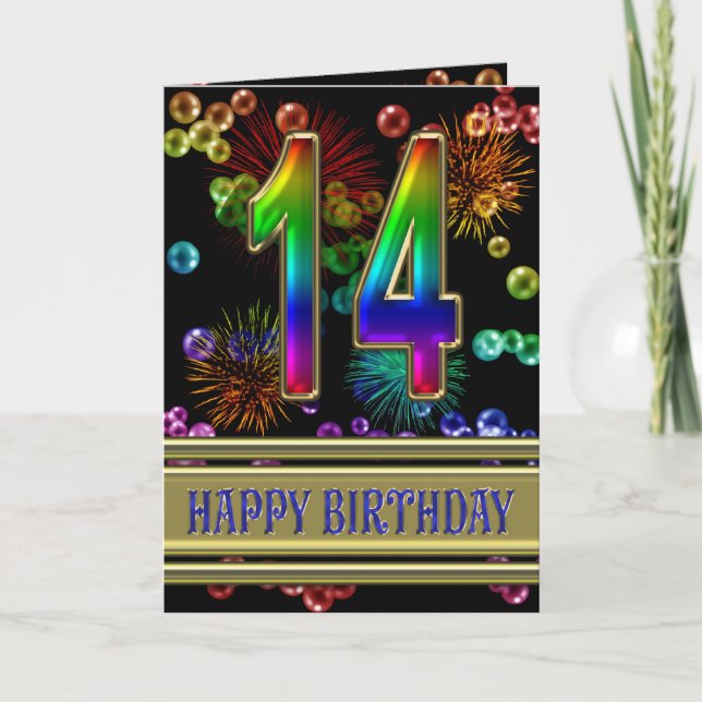 Carte 14e anniversaire avec bulles arc-en-ciel et feux d (Devant)