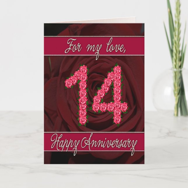Carte 14e anniversaire avec rose et feuille (Devant)