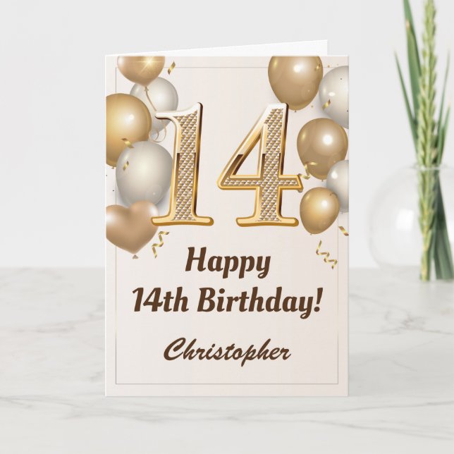 Carte 14e anniversaire Ballons d'or et Confetti Annivers (Devant)