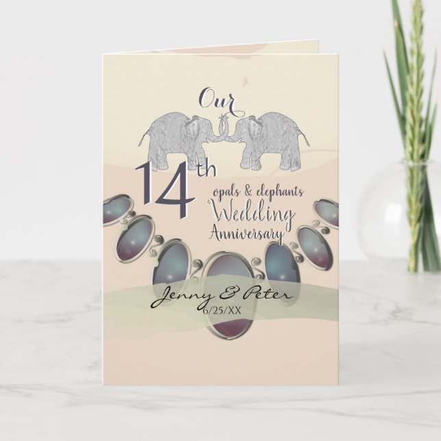 Carte 14e anniversaire du Mariage Eléphants & Opales Bla (Devant)