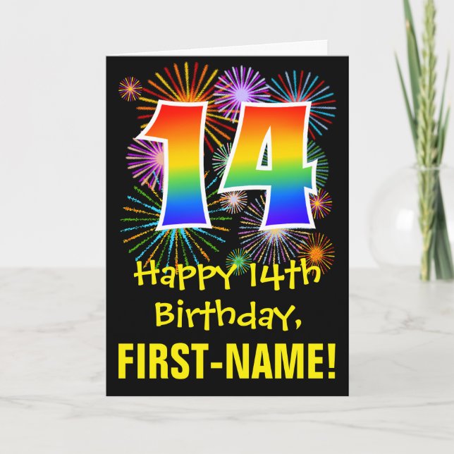 Carte 14e anniversaire : Fun Fireworks Motif + Rainbow 1 (Devant)