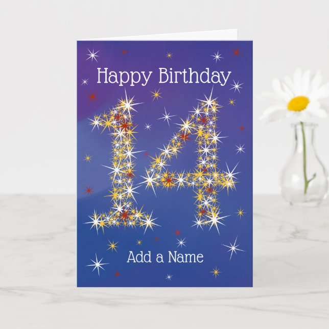 Carte 14e anniversaire - Numéro 14 en étoiles - Bleu - 1 (Petite plante)