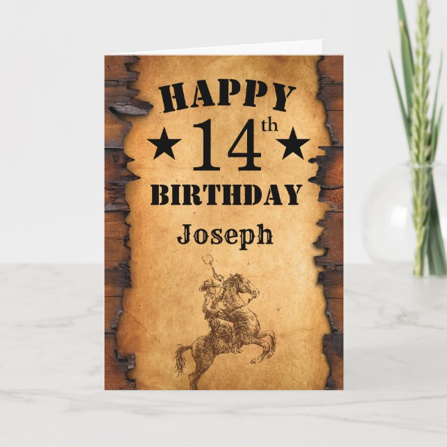 Carte 14e anniversaire Pays rustique Western Cowboy Hors (Devant)
