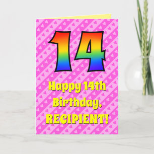 Carte 14e anniversaire : Pink Stripes & Hearts, Rainbow 