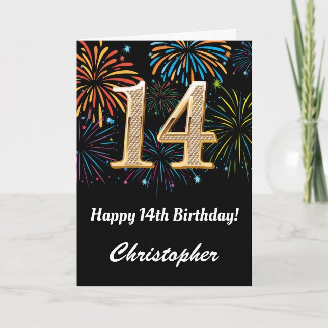 Carte 14e anniversaire Rainbow Fireworks noir et or (Devant)