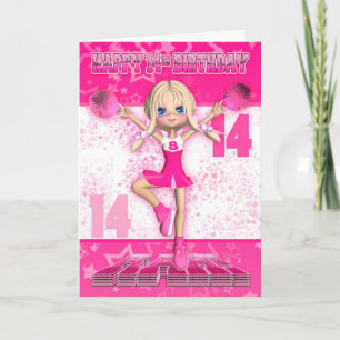 Carte 14e Birthday Cheerleader Dancing, Stars In Pinks