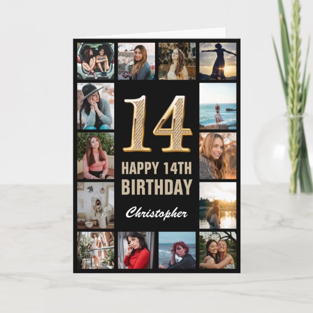 Carte 14e Joyeux Anniversaire Black and Gold Photo Colla (Devant)