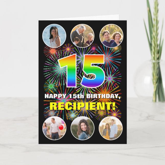 Carte 15e anniversaire : Arc en ciel amusant #, Nom pers (Devant)