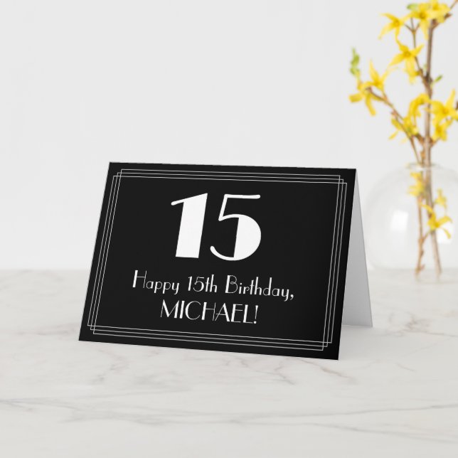 Carte 15e anniversaire ~ Art Déco Inspiré Look "15", Nom (Fleur jaune)