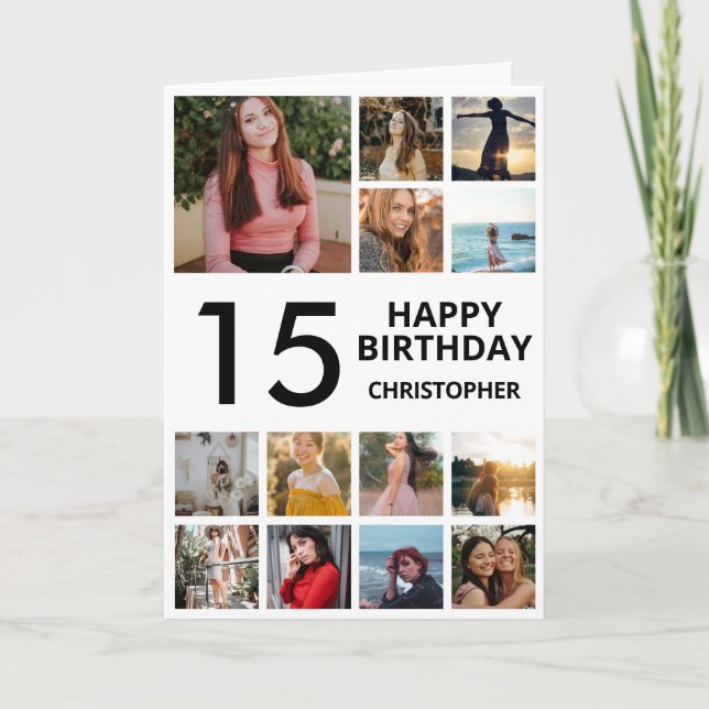 Carte 15e anniversaire Collage photo 13 photos noir blan (Devant)