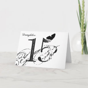 Carte 15e anniversaire, fille, papillon, noir & blanc.