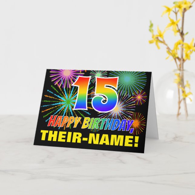 Carte 15e anniversaire : Gras, Amusants, Feu d'artifice, (Fleur jaune)