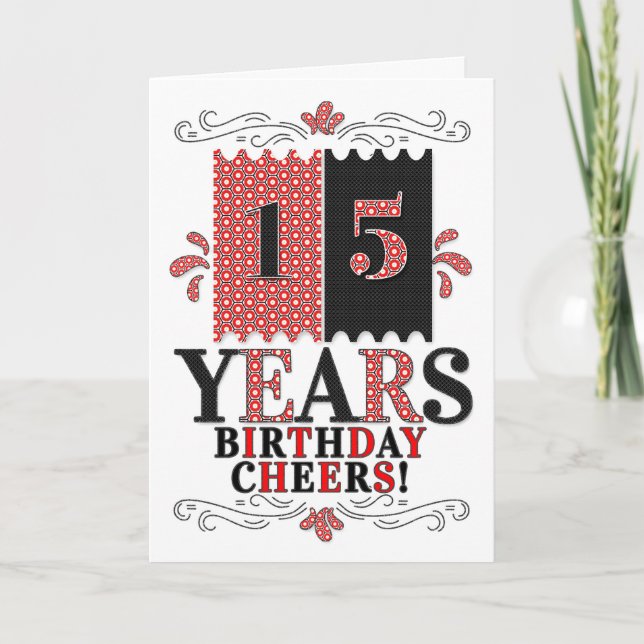 Carte 15e anniversaire pour garçons ou filles en rouge e (Devant)