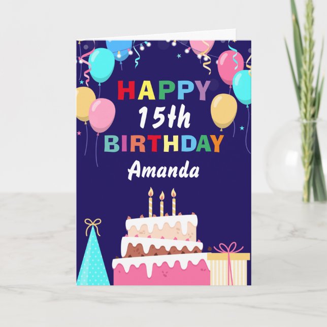 Carte 15e Joyeux Anniversaire Ballons gâteau bleu marine (Devant)