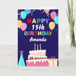 Carte 15e Joyeux Anniversaire Ballons gâteau bleu marine